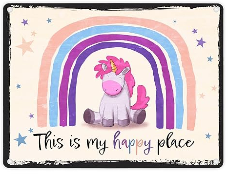 This is my happy place Metallschild in 15x20 cm mit niedlichem Einhorn Türschild Baby Kinder Lieblingsplatz Dekoration Unicorn Regenbogen aquarell