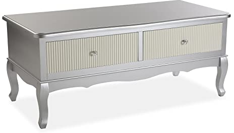 Versa Siena Niedriger und langer Fernsehschrank, Wohnzimmertisch, Fernsehschrank, Sideboard, mit 2 Schubladen, Maßnahmen (H x L x B) 45,5 x 50 x 109 cm, Holz, Farbe: Silber und Weiß