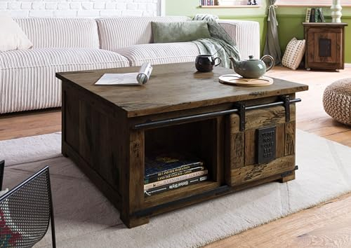 MASSIVMOEBEL24.DE | Railway Couchtisch aus Massivholz #4006 | aus Mangoholz - braun, lackiert | 90x90x45 cm | 2 offene Fächer mit Schiebetür | Massivholztisch Fernsehtisch Beistelltisch