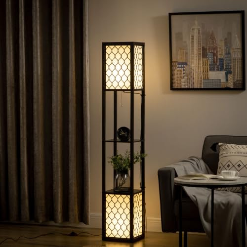 HOMCOM Lámpara de Pie Moderna con Estantes para Salón E27 40 W Negro | Lámpara de Pie para Salón, Pantallas de Tela de Malla, Interruptor de Cadena, para Dormitorio Oficina Sala de Estar