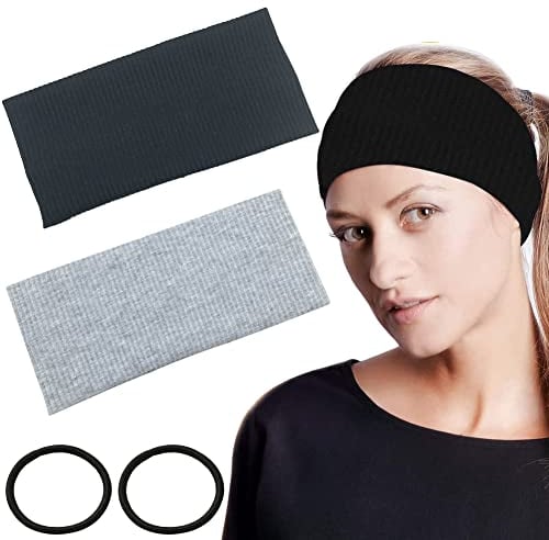 Stirnband Damen,Haarband Damen,Haarbänder,Haarreifen Breit,Haarband Schwarz,Headband,Haarreifen Headwrap Turban,Elastische Headbands Bandana für Yoga Sport (Schwarz,grau, 2pcs)