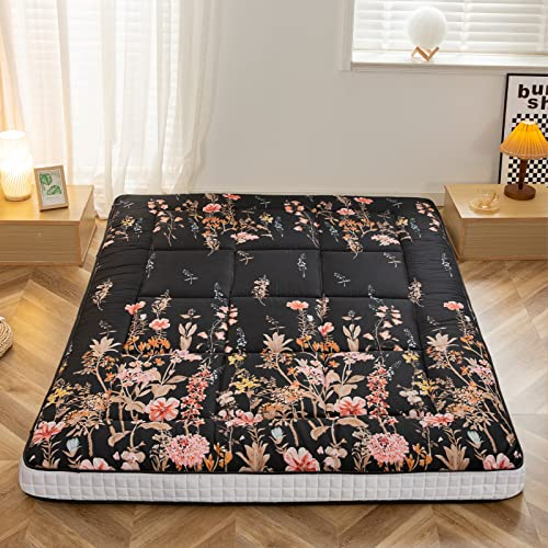 MAXYOYO Futon Matratze, Gepolstert Japanische Bodenmatratze Gesteppte Bett Matratze Topper, Extra Dicke Faltbare Isomatte Atmungsaktive Bodenliege Gästebett für Camping (Schwarz Floral, 140 x 200 cm)
