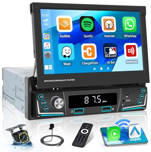 Inalámbrico Carplay Radio de Coche 1 DIN con Pantalla Táctil Plegable 7 Pulgadas EQ, Android Auto inalámbrico Autoradio para Coche con Bluetooth Manos Libres FM/AM Cámara de visión Trasera, MP5 Player