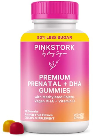 Pink Stork Premium Prenatal Gummy Vitamins | Vegan DHA from Algae, Methylated Folate, Vitamin D | 12 OBGYN-Recommended Nutrients | No Fishy Aftertaste | 60 Vegan Gummies, 30-Day Supply