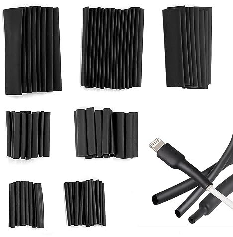 Set di 254 protezioni per cavi, tubo termoretraibile, rivestimento isolante nero, guaina termoretraibile, set di tubi termoretraibili durevole, ideale per isolamento elettrico e riparazione (nero)