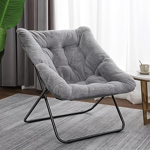 NAKEAH Square Moon Saucer Chair, Folding Lazy Chair with Plush Cushion and Metal Frame, Lounge Chair, Leisure Padded Seat for Living Room, Balcony, Bedroom, Office,B