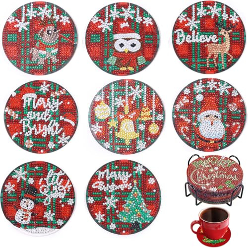 MAOYUTOU Weihnachtstag Diamond Painting Untersetzer 8 Set mit Halter 5D Diamond Painting Erwachsene Diamant-Malsets, DIY-Weihnachtstag-Untersetzer zum Basteln Erwachsene