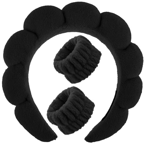 WLLHYF Spa-Stirnband Armband-Set Waschen Gesichts Schwamm Make-up Hautpflege Haarband Weiches Handtuch Tuch Kopfbedeckung Geschwollenes Rutschfestes Gepolstertes Haar-Accessoire Sport (Schwarz)