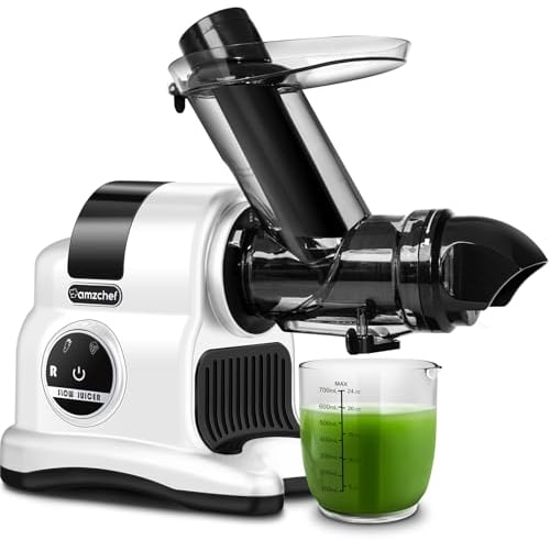 AMZCHEF 80MM Exprimidor grande - Exprimidor lento con 2 velocidades y función de rebobinado - Exprimidor de 150 W para verduras y frutas enteras Test Winner - Blanco