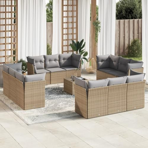 ULUYYUC 13-TLG. Garten-Sofagarnitur, Fußhocker Eckbank Küche Bodensofa Polsterbank Geeignet für Garten Außenbereich Hinterhof Balkon mit Kissen Beige Poly Rattan