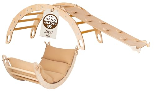WoodsCraft Kletterbogen mit Kissen & Rutsche Indoor | Wippe Kinder & 2in1: Babyrutsche & Rampe | Holz Montessori Klettergerüst Indoor Spielgeräte & Spielplatz | Klettern Kinder Indoor & Klettern Baby