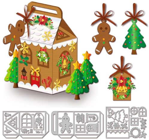 GLOBLELAND 3D Weihnachtshaus Schachtel Stanzschablonen Für Kartenherstellung Weihnachtsbaum Anhänger Rahmen Metall Stanzformen Lebkuchenmann Etiketten Stanzformen Vorlagen Für Scrapbooking