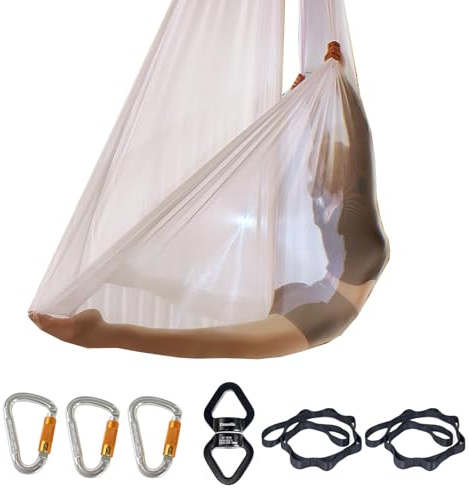 Transparent Aerial Yoga Hammock Set with Low Elasticity Aerial Silks Set Included Accessories (white, 7.7 yards)
