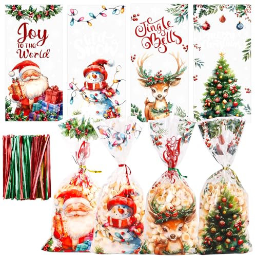 JOFONY 120 Stück Weihnachten Süßigkeiten Tüten,Transparent Weihnachtstüten Geschenktüten für Süßigkeiten Kekse Pralinen,Cellophantüten mit 150 Stück Twist Krawatten