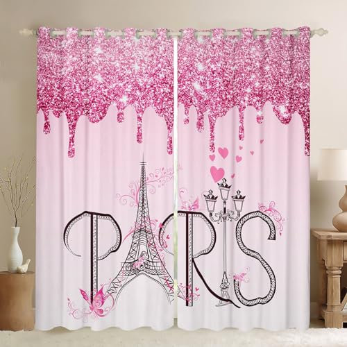 Homemissing Eiffelturm Fenstervorhang 175x140cm Kinder Glitzer Romantisch Paris Blickdichte Vorhänge für Jungen Ombre Rosa Schmetterling Vorhänge Modern Französisch Gardinen(Kein Glitzer)