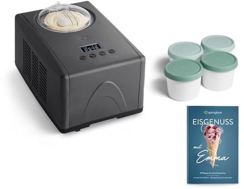 SPRINGLANE Eismaschine Emma 1,5 L mit selbstkühlendem Kompressor 150 W, aus Edelstahl mit entnehmbarem Eisbehälter, inkl. Rezeptheft (Anthrazit, Emma Anthrazit + 4 Eisbehälter Mini 400ml Mint)