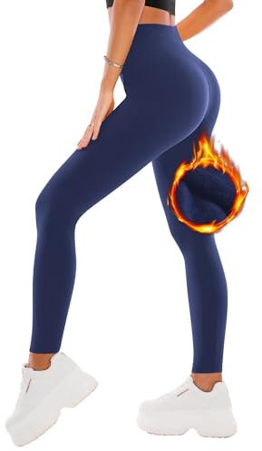 SINOPHANT Fleece Lined Leggings for Women, Soft Elastic High Waisted Thermal Warm Winter Thick Yoga Pants(1Navy, L-XL)