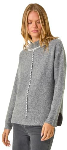 Roman Funnel Neck Seam Detail Jumper for Women UK - Ladies Autumn Everyday Winter Holiday Long Sleeve Soft Drop Shoulder Comfy Warm Feel Top Office Desk Sweaters - Grey - Size 12