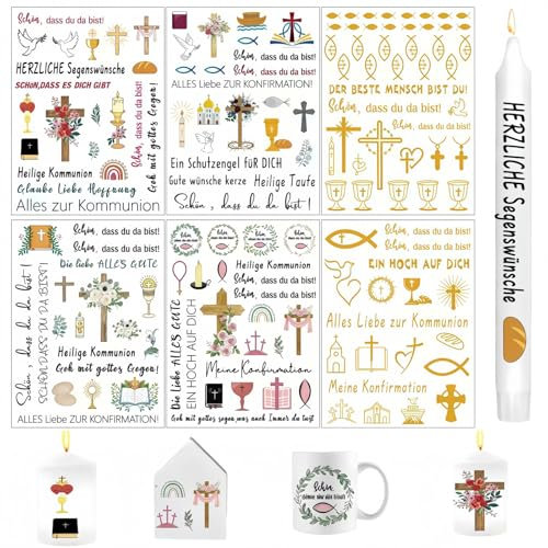 Ymoryiyi Kerzentattoos Kommunion, 6 Blätter Wasserschiebefolie für Erstkommunion, Konfirmation & Taufe - Kerzenaufkleber mit Dekorativen Motiven, Ideal für Religiöse Feiern