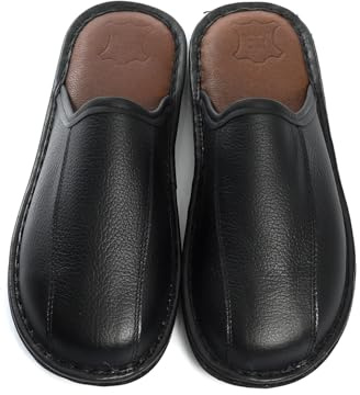 Rimo-Genuine Touch Herren Hausschuhe aus echtem Leder – Handgefertigte Pantoffeln mit rutschfester Sohle, Lederfußbett, Warm und Bequem für Zuhause, Größen 41–47