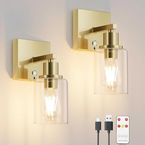 Klighten 6000mAh Kabellos Akku Wandleuchte mit Fernbedienung,2PCS Aufladbare Wandleuchte,Batterie Wandleuchten Innen mit Glasschirm,Wandlampe akku 3000K Warmweiß,für Wohnzimmer Mit Glühbirne,Gold