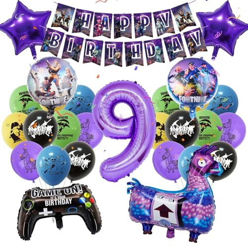 28Pcs Video Game Birthday Decorations, 9th Gaming Party Decorations for Boys, 7Pcs Foil Balloons 20Pcs Latex Balloons 1 Happy Birthday Banner, Number 9 Foil Balloon Game on Birthday Party Supplies