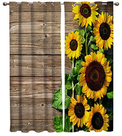 Verdunklungsvorhänge mit 3D-Holzmaserung, Sonnenblumen-Gelb, 137 x 275 x 5 cm, Motiv: Eiskönigin für Kinderzimmer, wärmeisolierter Vorhang für Garten, Wohnzimmer, Sichtschutz und Energieeinsparung
