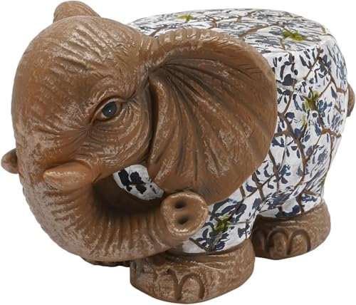 MESCXTY Modern Elephant Garden Stool, Indoor/Outdoor Decorative Statue, Blue and White Pattern Plant Stand Sculpture for Patio Garden Room Bathroom(15 D x 9.8 W x 9 H, Brown)
