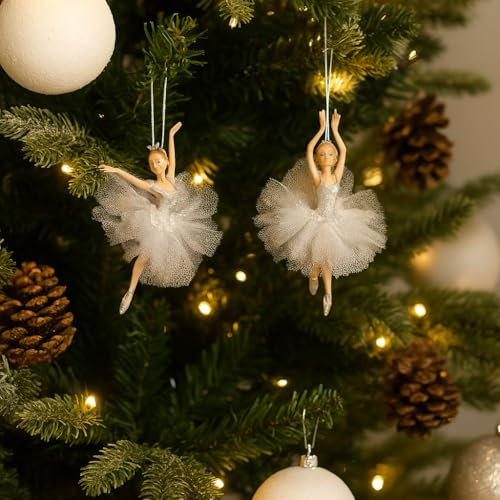 Addobbo Albero di Natale Ballerina Argento – Decorazione Pendente con Tutù Glitter, 2 Pose Assortite Eleganti per Albero e Allestimenti 18cm - Varzi dal 1956