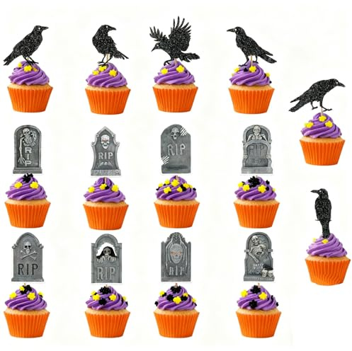 Halloween Kuchen Deko Grabstein & Krähe Set, 20 Stücke halloween muffin deko Decoration, Cake Decoration, Muffin Dessert Decoration