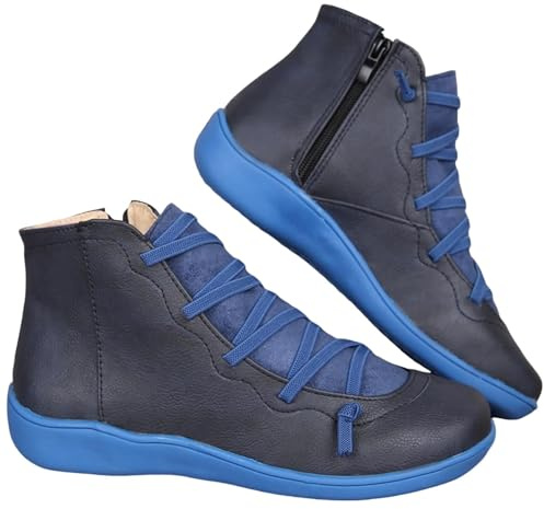 FGUUTYM Stivaletti bassi da donna Autunno Inverno Stivali da cowboy Stivali stringati in pelle PU Stivali corti Vintage da donna Scarpe in pelle Mezzi alti Stivali medievali da donna