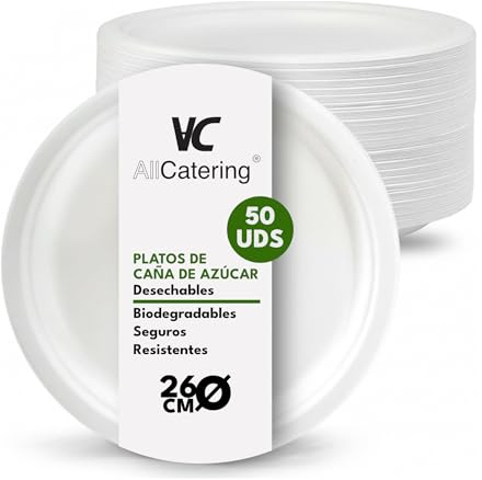 AC ALL CATERING 500 Platos Desechables de Caña de azúcar Redondos de 26 cm. Ecológicos, Biodegradables y Resistentes para Picnics, Barbacoas, Fiestas y Cumpleaños. 500 Platos
