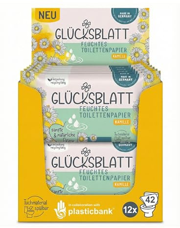 Glücksblatt feuchtes Toilettenpapier Kamille | 12x42 Tücher | Vorratspack | natürliche Pflege mit Kamillenextrakt | dermatologisch getestet | milde Reinigung | sanfte Pflege | spülbare Feuchttücher