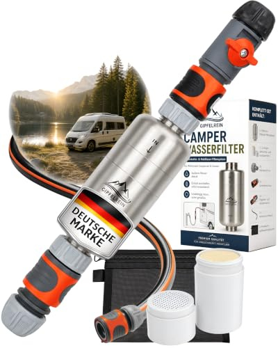 Wasserfilter Wohnmobil & Camping - Befüllfilter für Wohnwagen & Camper | Trinkwasserfilter für Frischwassertank mit 2-Stufen-Filtersystem und 1/2-Zoll-Anschluss, kompatibel mit Gardena – Gipfelrein
