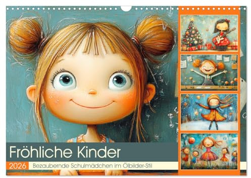 Fröhliche Kinder. Bezaubernde Schulmädchen im Ölbilder-Stil (Wandkalender 2026 DIN A3 quer), CALVENDO Monatskalender: Fröhliche und lustige Alltagsszenen niedlicher Schulkinder (CALVENDO Menschen)