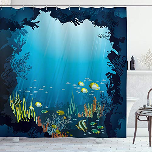 ABAKUHAUS Ozean Duschvorhang, Tropische Fische und Riffe, Stoffliches Gewebe Badezimmerdekorationsset mit Haken, 175 x 200 cm, Dunkelblau
