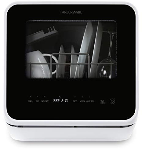 Farberware FDW05ASBWHA Complete Portable Countertop Dishwasher with 5-Liter Built-in Water Tank, 5 Programs, Baby Care, Glass & Fruit Wash, Black/White Original