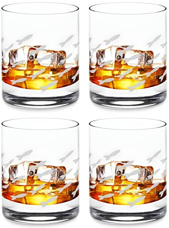 Wine Savant Old Fashion Drinking Glasses - Fish Wine Glasses for White & Red Wine, Whiskey or Water - Individually Sand Etched