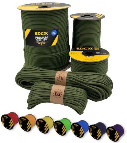 EdcX Paracord 4 mm, 35+ Volltonfarben (10 m, 15 m, 30 m, 50 m, 100 m, 300 m) | Ideal zum Basteln, Camping, Outdoor | 100% Nylonseil 4 mm| Taktische Schnur 550 Typ III (Moss, 50 m)