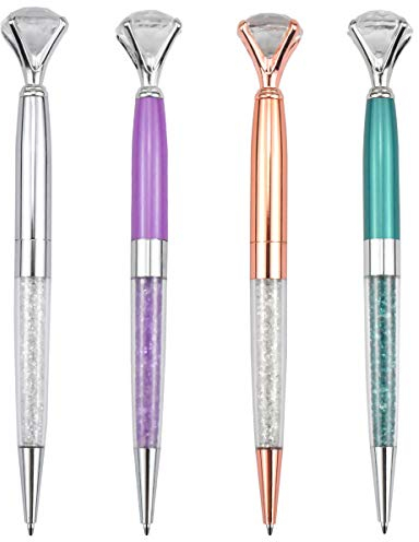 HQdeal Kristall Diamant Kugelschreiber, 4 Stück kristall kugelschreiber, Metallic Kugelschreiber, Schön Stifte mit Großen Diamanten fur Mädchen, Damen, Kinder