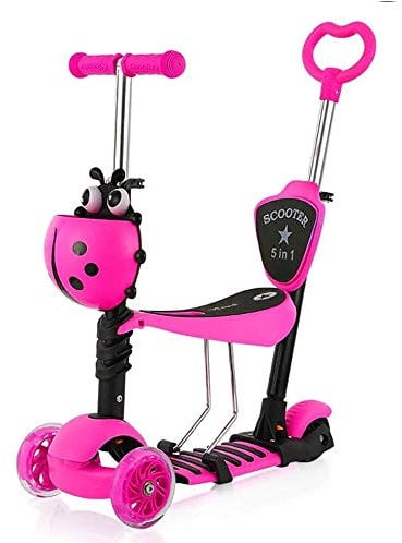 YOLEO Patinete para Niños 5-en-1, Patinete 3 Ruedas LED Parpadeantes, Scooter para Niños con Manillar Ajustable Asiento Extraíble de 2 a 8 años, Carga Máxima de 50 kg, Regalo para Niños (Rosa)