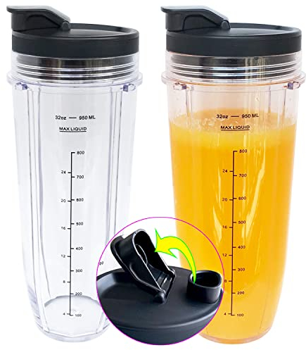Replacement 32oz Blender Cup with Sip & Seal Lid For Nutri Ninja BL450 BL454 Bl455 BL456 BL480 BL481 BL482 BL490 BL640 BL642 BL682 SS101 SS401 SS351 Nutri Ninja Auto IQ Series Blenders, 2-Pack …
