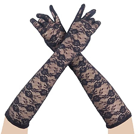 AWOCAN Damen Spitze Elegant Lange Handschuhe Courtesy Sommerhandschuhe für Hochzeit Party und Teeparty 1920er Vintage Kostüme, Schwarz , One size