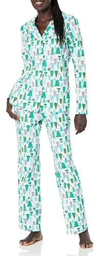 Amazon Essentials Women's Flannel Long-Sleeved Button Front Shirt and Trousers Pyjama Set, Ecru Festive Tree, XXS
