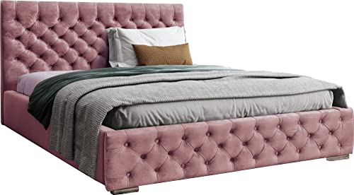 WFL GROUP Samtstoff Polsterbett Doppelbett 140x200 160x200 180x200 cm Bettgestell Mit Bettkasten Lattenrost und Gestepptes Kopfteil - Hydrophobe Stoff - Chesterfield-Stil - Rosa Samt- 120 x 200 cm