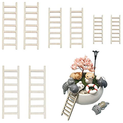 SUPERFINDINGS 60 Stück 4 Stile Bisque Fee Möbelleiter Mini Holzleiter Garten Ornament Leiter DIY Handwerk Fee Garten Zubehör für DIY Landschaft Dekor, 59,5 ~ 150 x 19,5 ~ 48 x 2 mm