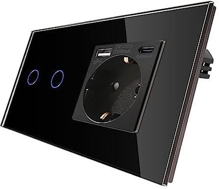 CNBINGO Touch Lichtschalter und Schuko Steckdose mit USB Schnellladen (Typ C+A unterstützung 20W Schnellladen) - USB Steckdose unterputz - Glas Wandschalter zweifach mit Status-LED - Schwarz