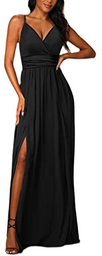 JENJON Vestiti da Donna con Spalle Scoperte Scollo a V Elegante Maniche Corte Abiti da Cocktail Casual Sera Estate e Primavera A-Nero L