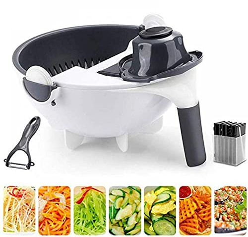 Anoudon 9 en 1 multifuncional cortador de verduras giratorio manual cortador de frutas mandolina hacker veggie fruta trituradora rallador de gran capacidad vegetal drenaje cesta