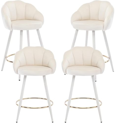 chairus Barstuhl 4er Set Samt Küchenhocker muschelform mit Lehne Beige | Modern Tresenhocker Gepolstert Barstuhl mit Metallbeine, Bistrohocker mit Fußstütze für Küche Hausbar Esszimmer